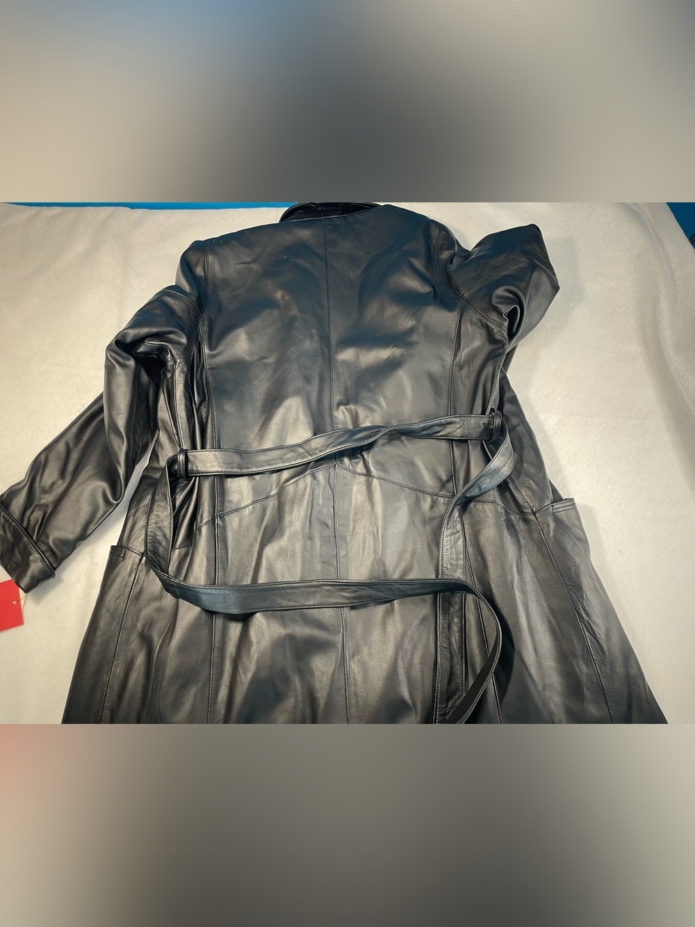 Excelled Black Leather Duster Coat L Long Open Front Belted Soft Lamb Leather - Picture 14 of 14